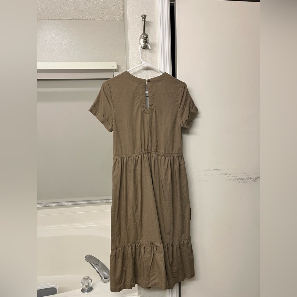 NWOT Pact Organic Canopy Linen Blend Notch Neck Dress in Khaki Green - Picture 12 of 13